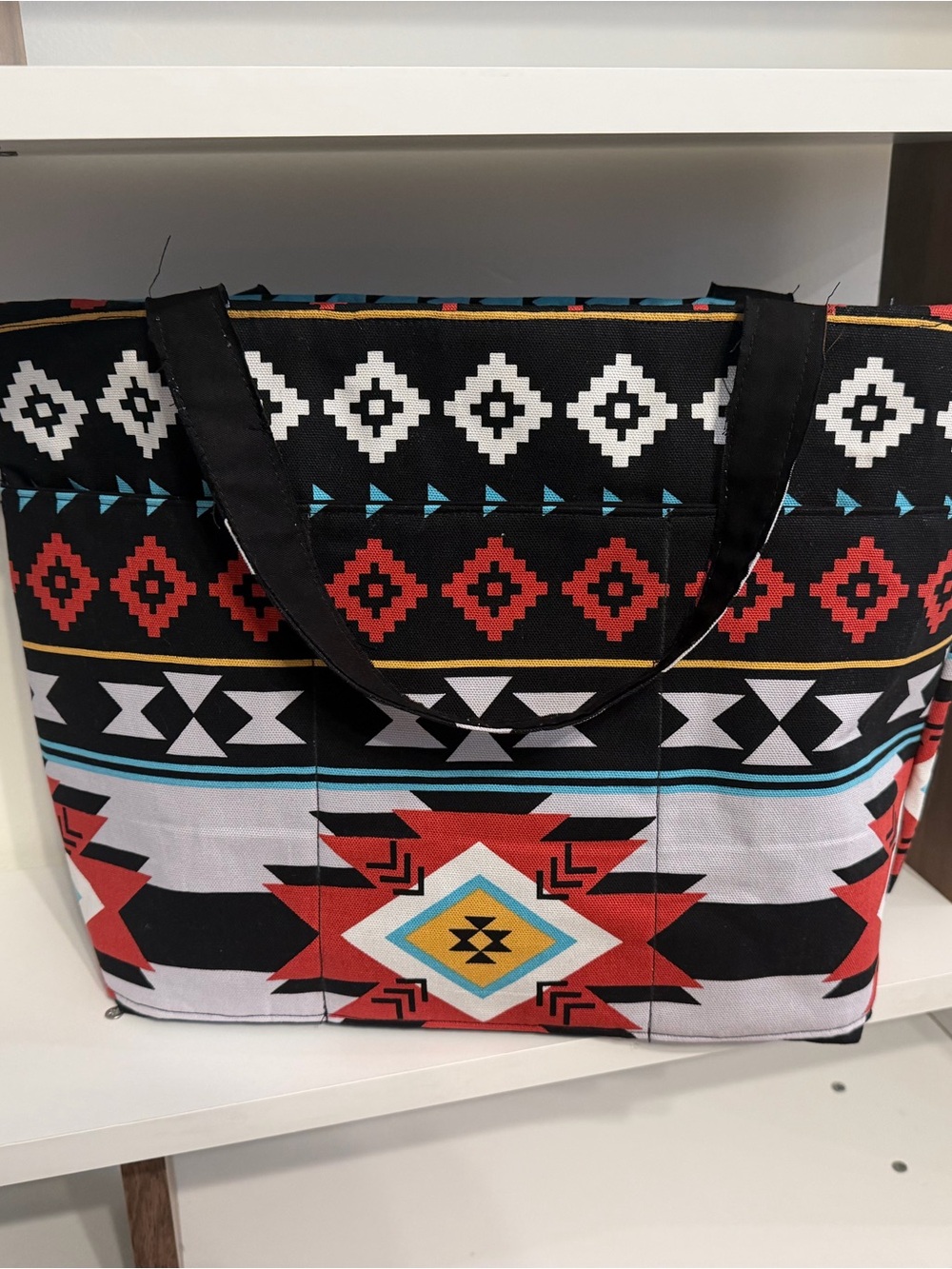 Aztec Pattern Canvas Tote Bag in Black, Red and Teal
